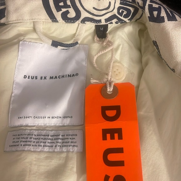 NWT Deus Ex Machina Men’s M Cream/Black Jacket Zip Close Denim Text Pattern Logo - Picture 3 of 10